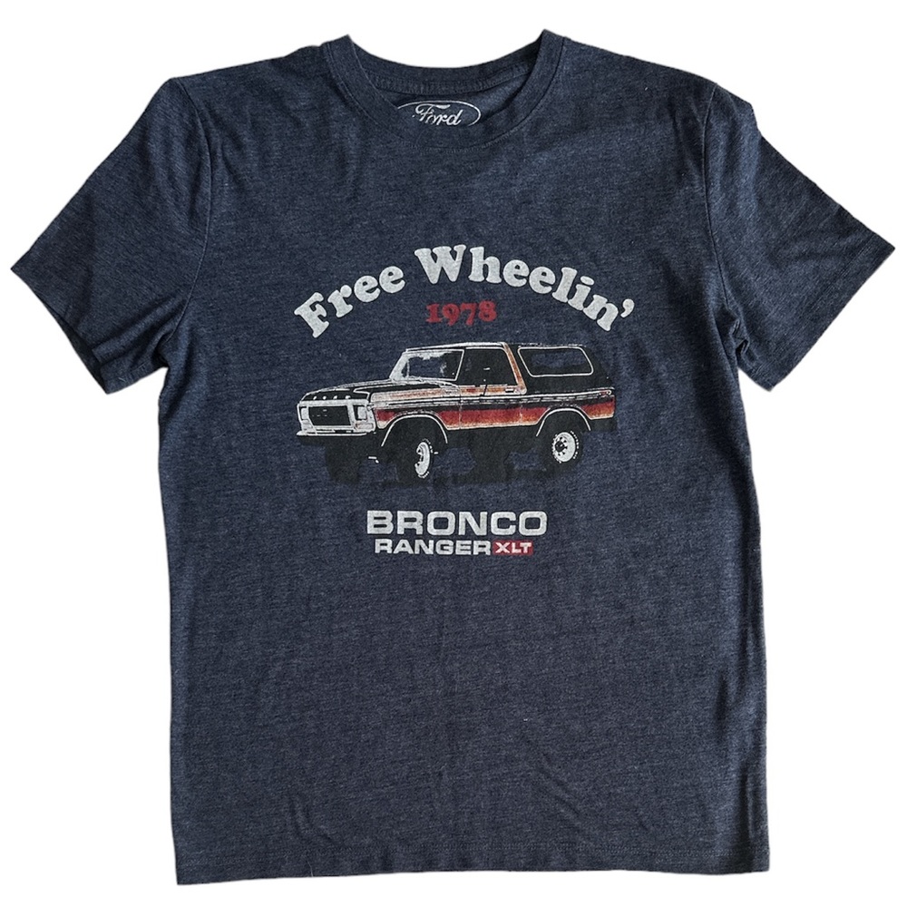 Graphic T “Free Wheelin’…1978 Bronco Ranger XLT” Women’s Size S in Heather Navy